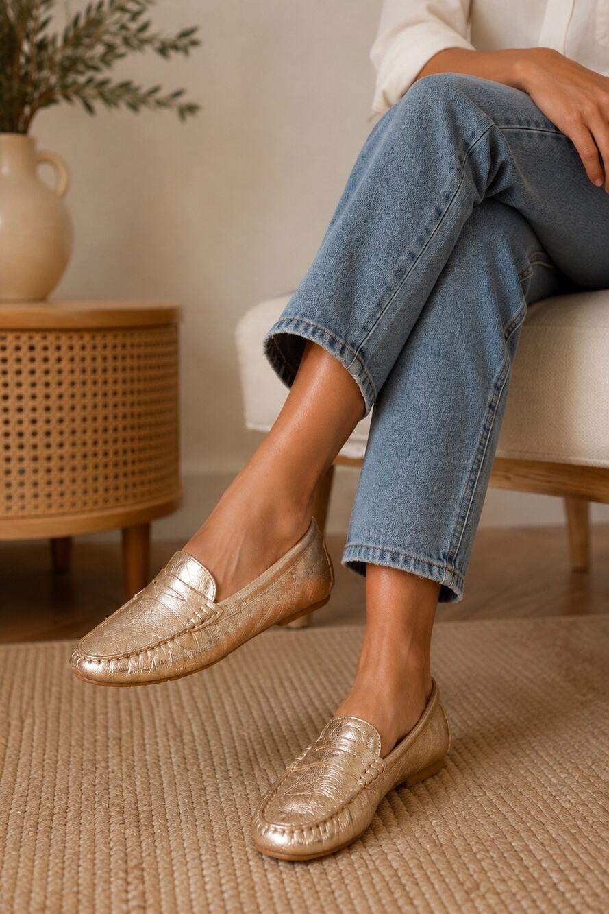 Flag Ltd Napa Glove Metallic Gold Leather Driving Loafers Women’s 6.5M NWOB $110